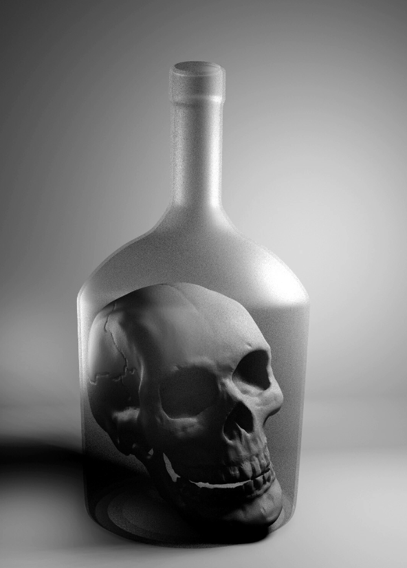 A human skull is placed inside a transparent glass bottle on a neutral background, with light casting shadows on the objects.