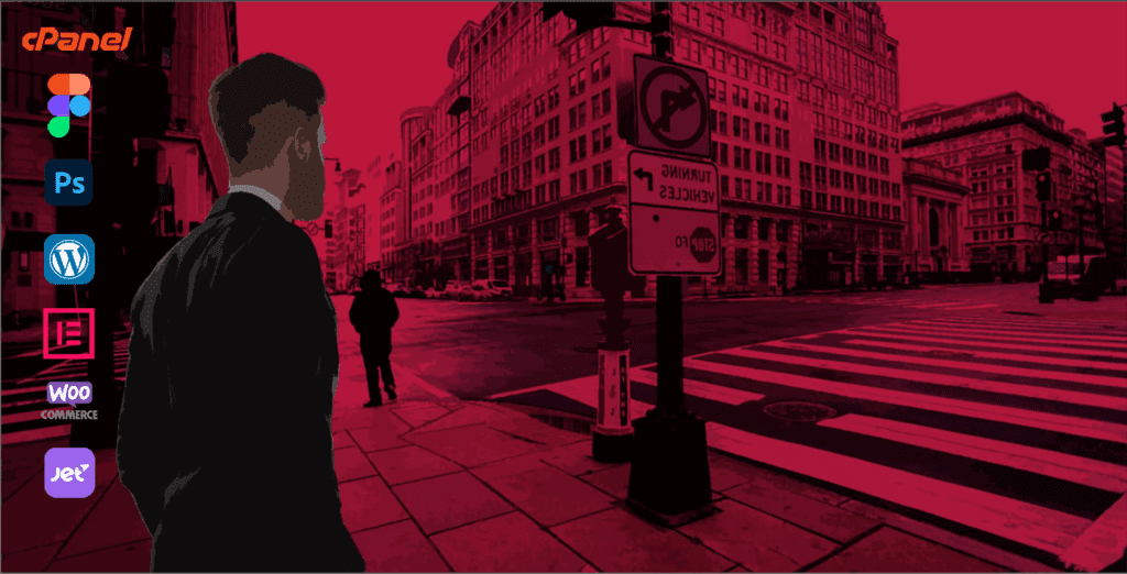 Illustration of a Digital Product Designer and UX Web Designer in Arizona, dressed in a suit at a city crosswalk, with various website and design software logos displayed to the left.