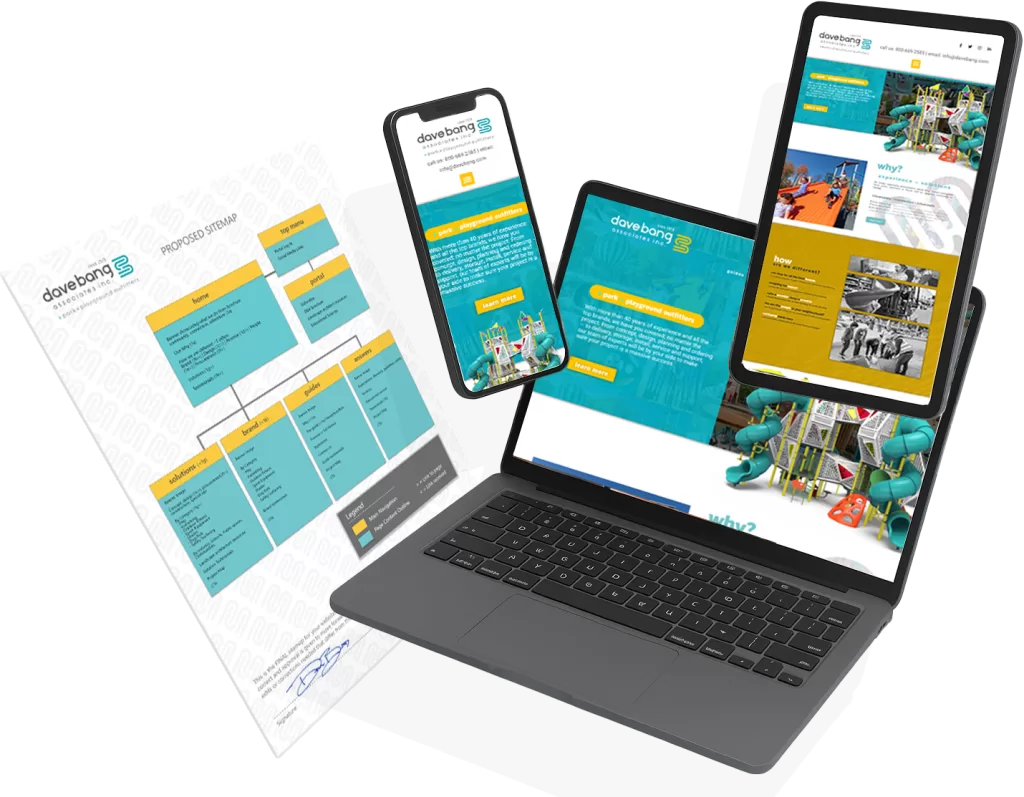 A project sitemap document, a laptop, tablet, and smartphone display a turquoise and yellow website layout for "davebang," showcasing the responsive web design skills of a Digital Product Designer and UX Web Designer in Arizona.