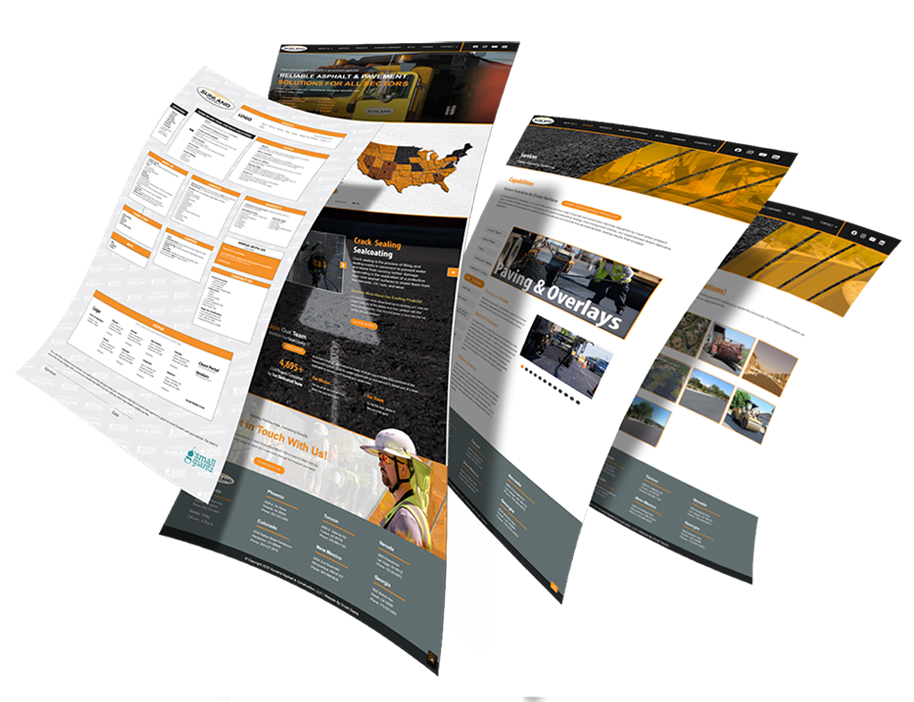 Four overlapping website pages designed by a Digital Product Designer and UX Web Designer in Arizona, featuring construction-themed layouts with maps, worker images, and service info in orange, gray, and white color schemes.