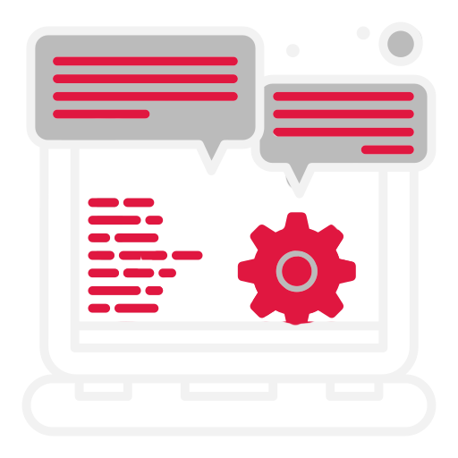 A graphic of a laptop displaying lines of code, a gear icon, and two speech bubbles, symbolizing programming or software development for a Digital Product Designer or UX Web Designer in Arizona.
