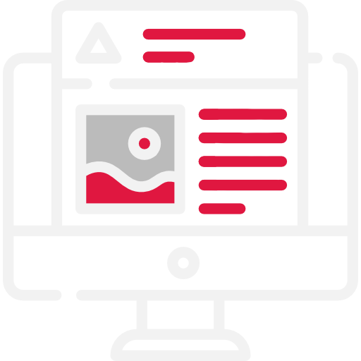 Icon of a computer monitor displaying a webpage layout with image and text placeholders in gray and red, representing the work of a Digital Product Designer or UX Web Designer in Arizona.