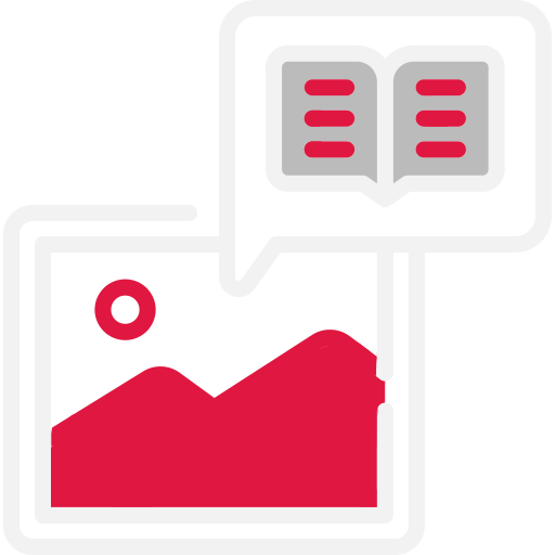 Icon of a red landscape photograph with a speech bubble above it containing an open book, symbolizing image description—perfect for a Digital Product Designer or UX Web Designer in Arizona focused on accessibility.