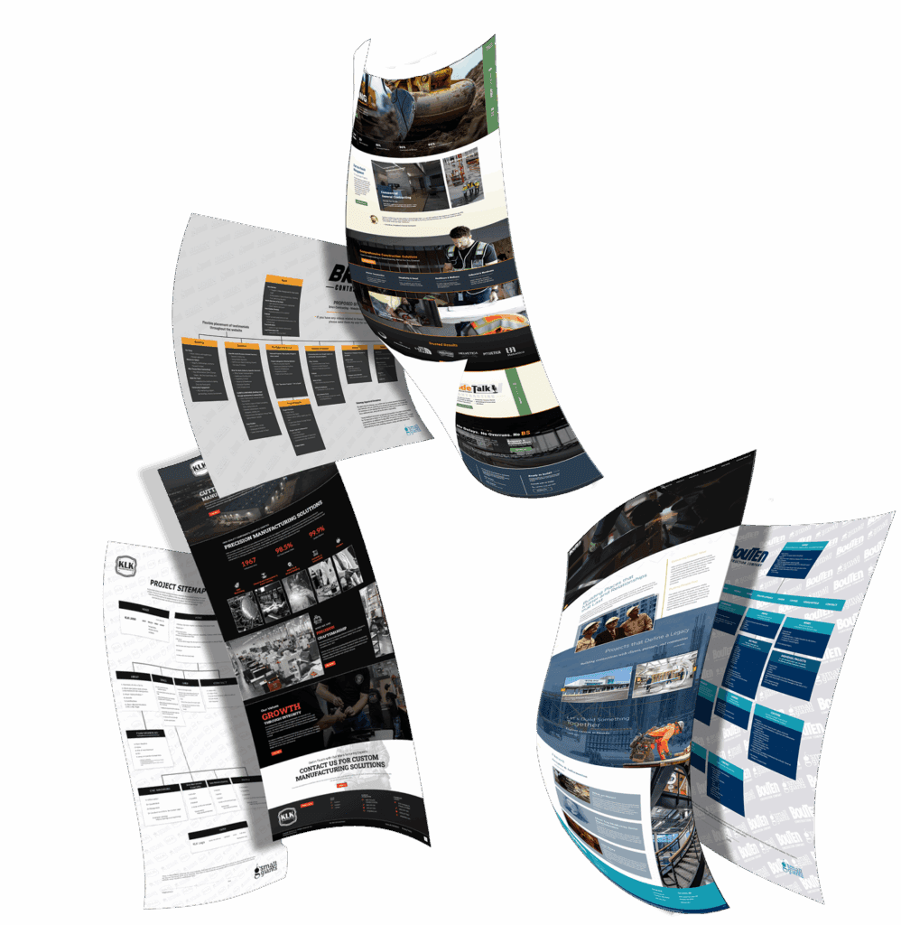 Four curved website layout screenshots displayed on a white background highlight the creative expertise of a UX Web Designer in Arizona, each showcasing distinct design styles and content arrangements.