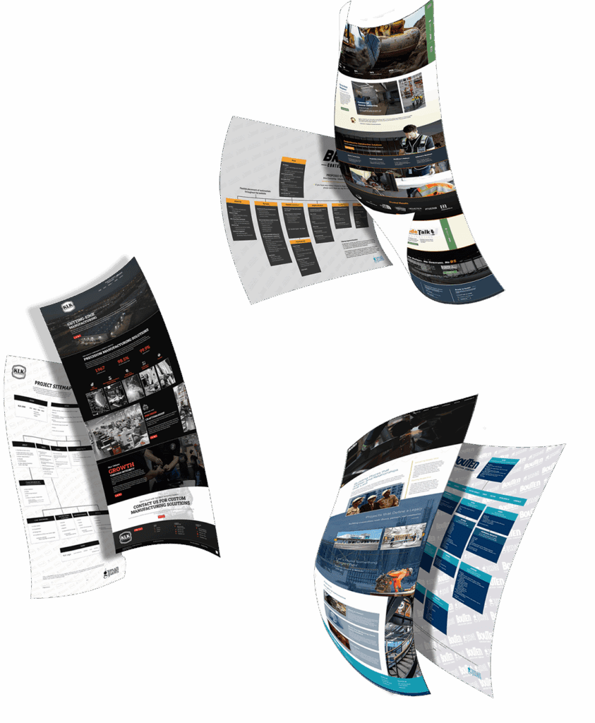 Three curved, floating website mockups showcase the creative skills of a Digital Product Designer and UX Web Designer in Arizona, featuring various layouts and color schemes on a white background.