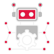 Cartoon-style robot with a red and gray color scheme, connected to network nodes, holding a gear—perfect for a Digital Product Designer or UX Web Designer in Arizona.