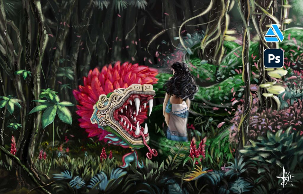 A woman in traditional clothing stands in a lush jungle facing a large, mythical serpent with a colorful, ornate head. On the right side, Adobe Photoshop and Azure logos highlight her skills as a Digital Product Designer and UX Web Designer in Arizona.