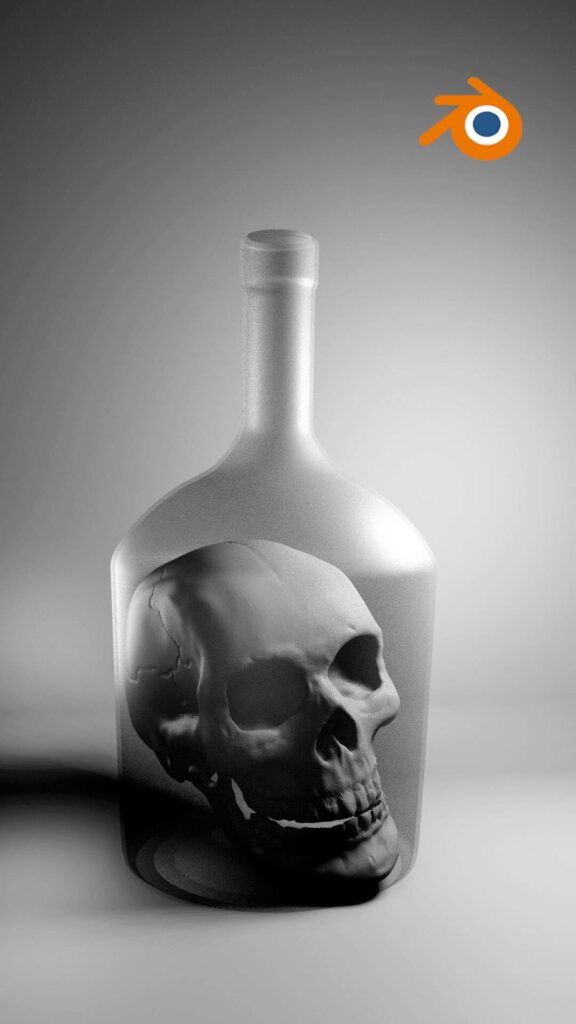 A frosted glass bottle contains a realistic human skull, with the Blender logo in the upper right corner—a unique visual perfect for a Digital Product Designer and UX Web Designer in Arizona seeking creative inspiration.