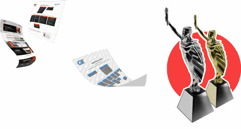 Three informational flyers appear to be floating next to two metallic statuette trophies, one gold and one silver, both standing on square bases against a red and white background—ideal inspiration for a Digital Product Designer in Arizona.