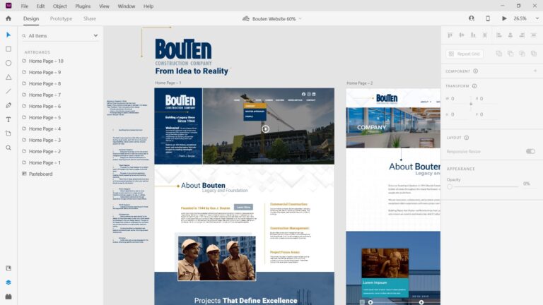 Screenshot of a website design project in Adobe XD, created by a Digital Product Designer & UX Strategist, showing multiple page layouts for a construction company called Bouten with navigation, images, and text sections.
