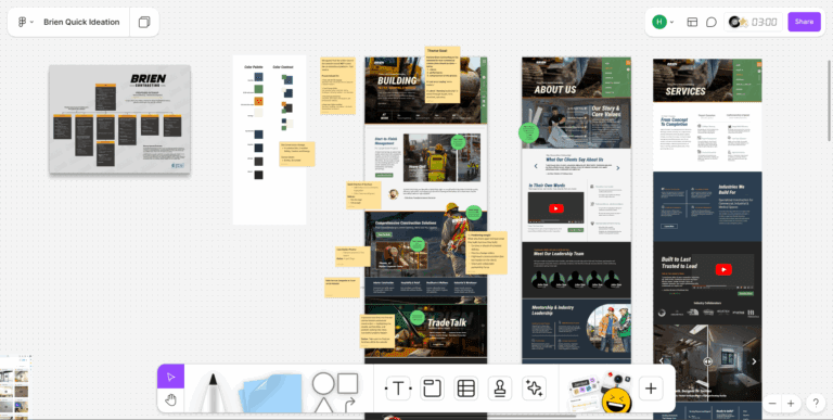 Digital whiteboard showing a website design project with color palettes, layout wireframes, text notes, and sections labeled Building, About Us, and Services. Various editing tools are visible at the bottom, reflecting the workflow of a Digital Product Designer & UX Strategist.