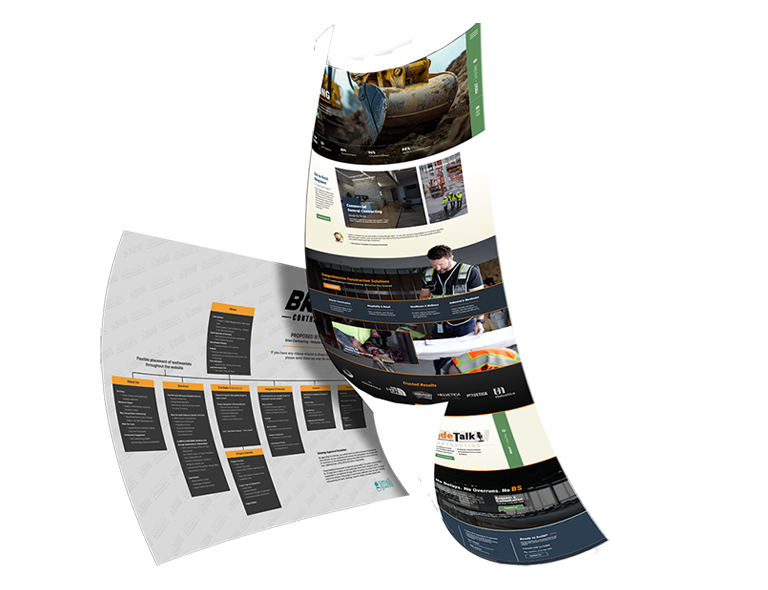 Two overlapping, curved sheets display website layouts on a white background; one features a dark navigation bar and images, while the other showcases text and a table-like black and orange section—highlighting the power of Cross-Platform Design Systems and thoughtful UX Strategy.