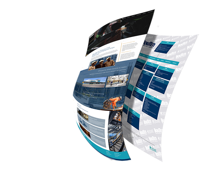 Three overlapping, curved website pages with blue and white themes, floating against a plain white background, visually represent modern cross-platform design systems and thoughtful UX strategy.