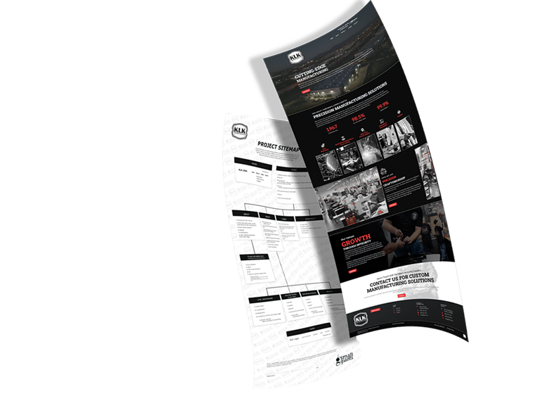 Two curved, overlapping brochure pages with diagrams, text, and images highlight cross-platform design systems and UX strategy; one page is mostly white with charts, the other is dark with photos and red accents. Both are floating on a white background.
